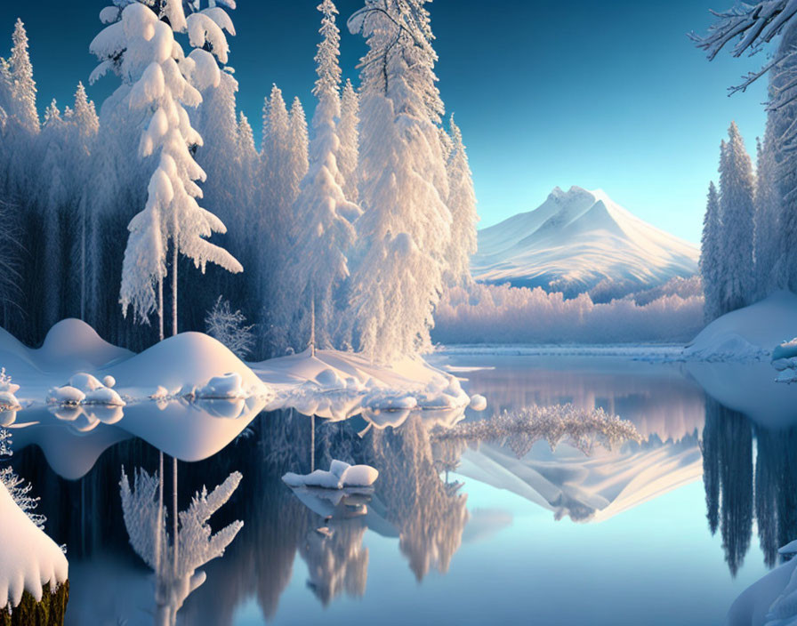 Snow-covered trees and mountains reflected in lake at twilight