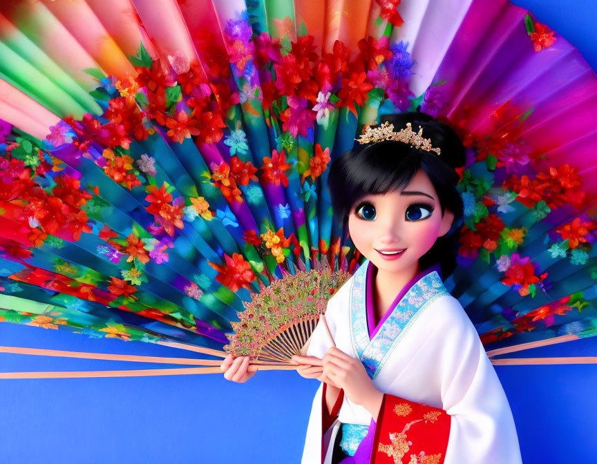 Animated girl in traditional Korean attire with fan and colorful backdrop