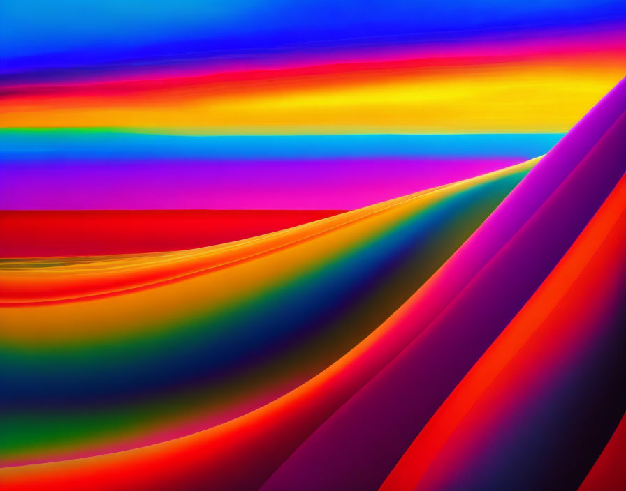 Abstract digital art: Vibrant rainbow colors flow in smooth waves against a contrasting sky