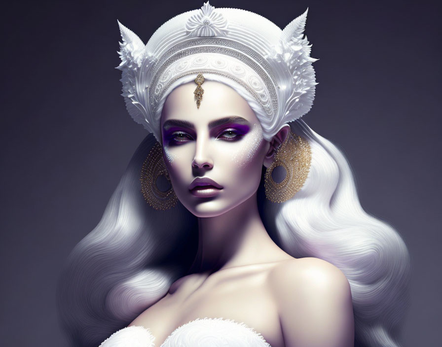 Digital portrait of woman with pale skin, silver hair, purple eyeshadow, white headdress,