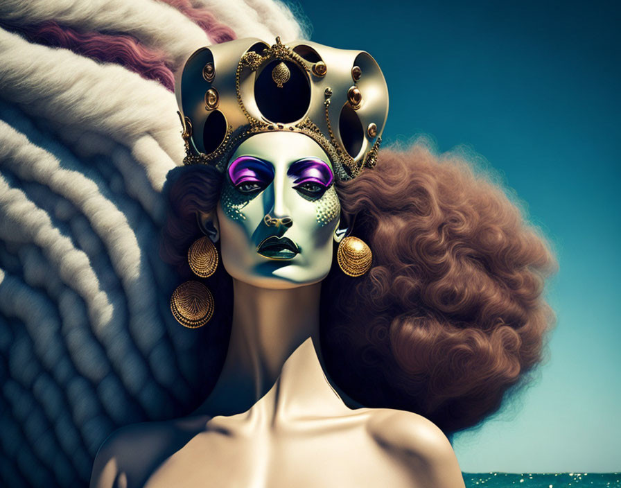 Stylized woman with ornate headdress and striking makeup against blue sky and sea