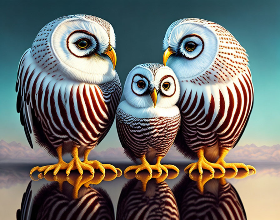 Three stylized cartoonish owls with large eyes and intricate feather patterns in a serene setting.