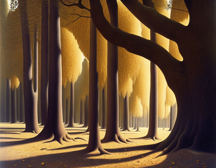 Abstract painting of dense forest with curved trees and golden backdrop