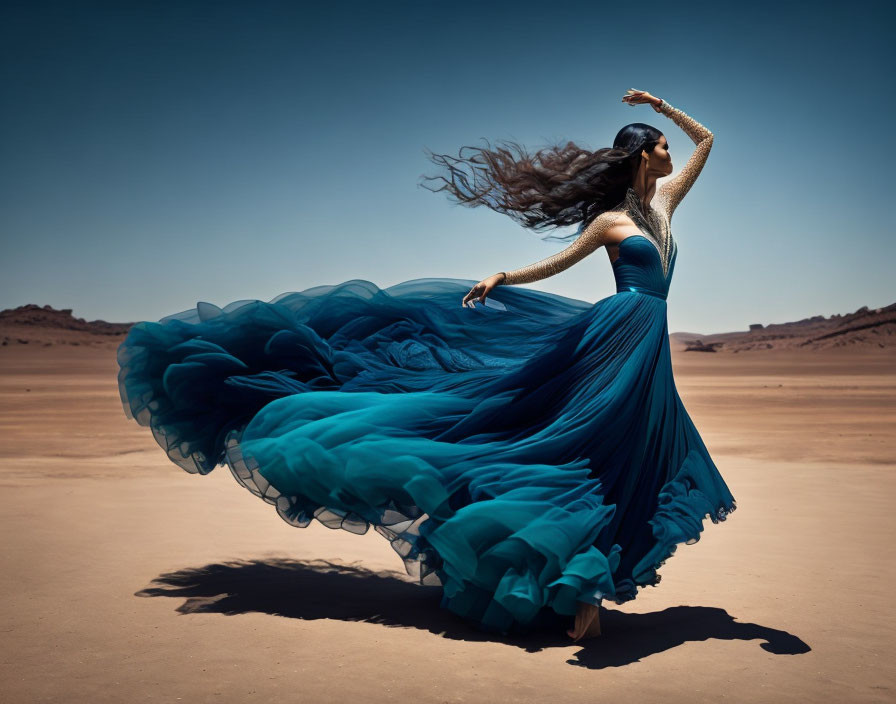 Woman Dancing in Blue Dress in Desert Landscape