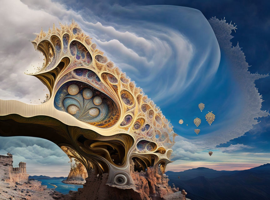 Surreal fractal landscape with golden structure and floating shapes