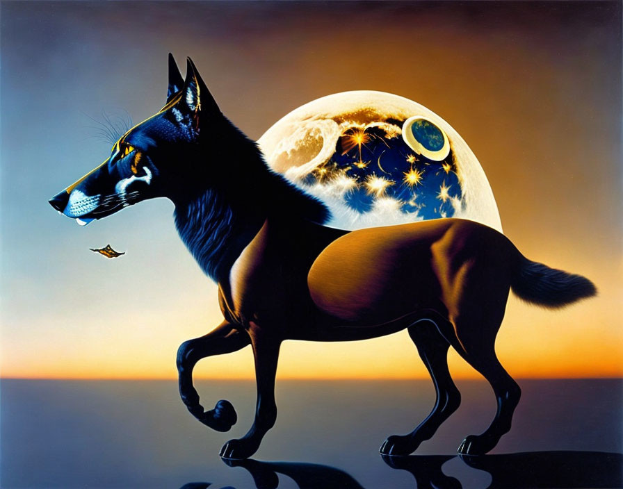 Surreal painting featuring black dog, starry night elements, butterfly, and full moon