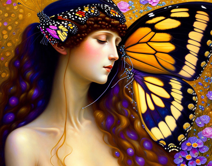 Colorful portrait of woman with butterfly wings and floral elements.