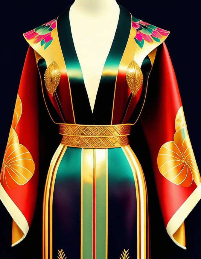 Colorful Kimono with Red, Green, Black Patterns & Gold Accents