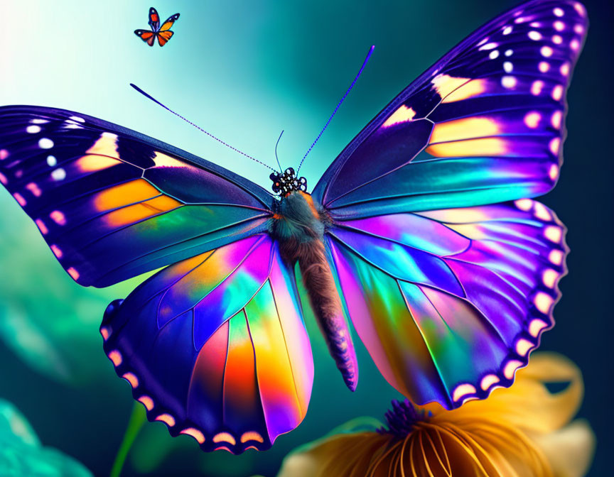 Colorful Butterfly with Blue and Purple Wings Among Greenery