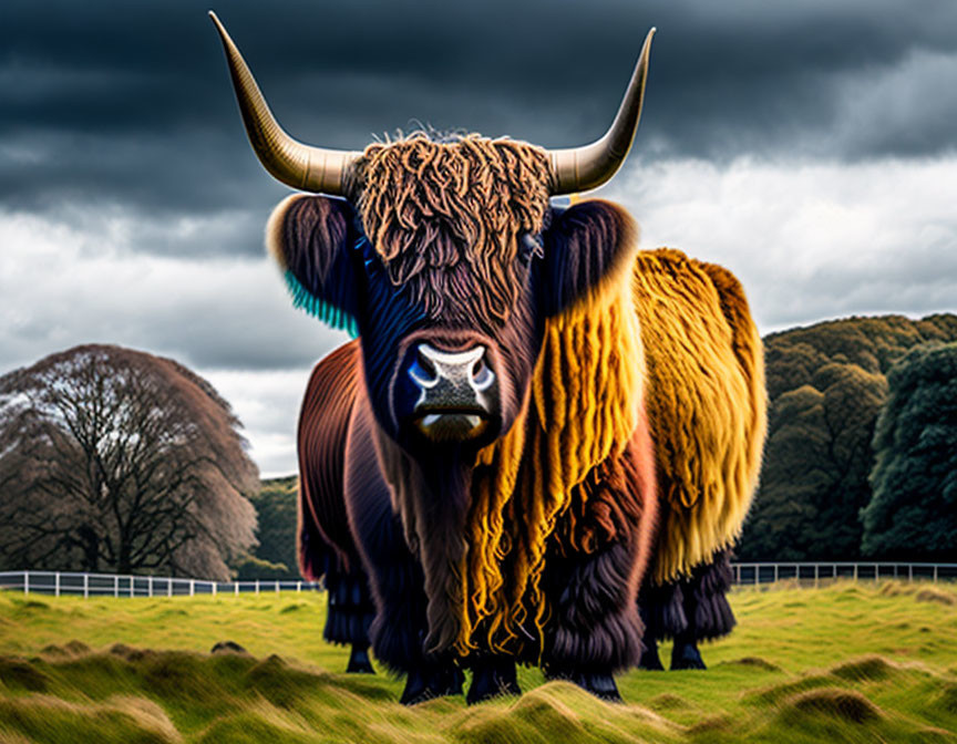 Shaggy Highland Cow in Grass Field with Stormy Sky