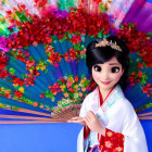 Animated girl in traditional Korean attire with fan and colorful backdrop