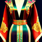 Colorful Kimono with Red, Green, Black Patterns & Gold Accents