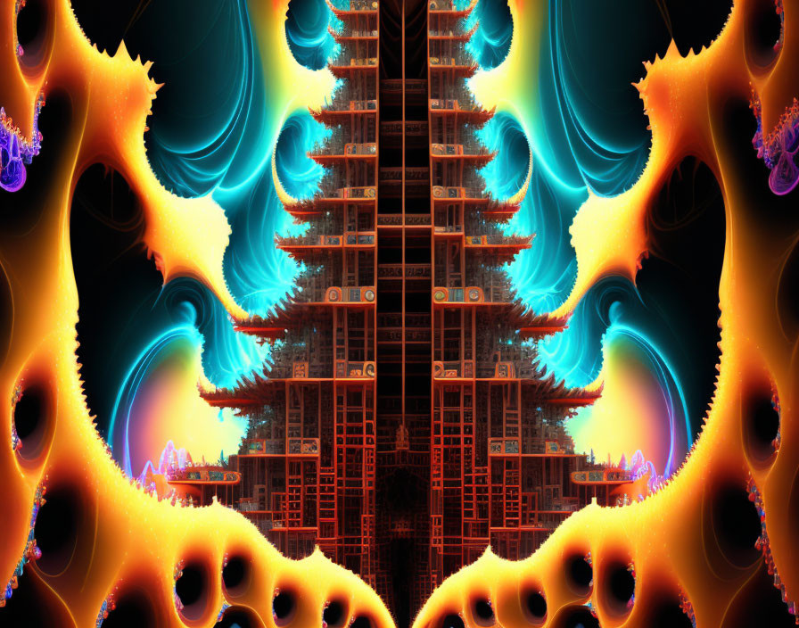 Symmetrical fractal design in vibrant orange and blue hues with intricate patterns and central tower-like structure