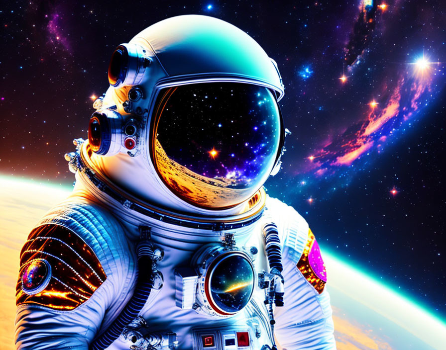 Detailed Astronaut Spacesuit Against Cosmic Backdrop