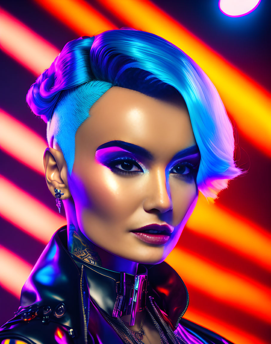 Vibrant portrait of person with blue hair, tattoos, leather jacket on neon background