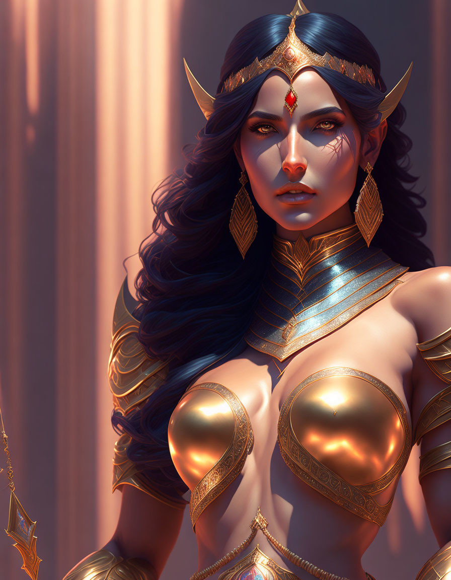 Dark-haired fantasy warrior in golden armor with red jewel and intense gaze