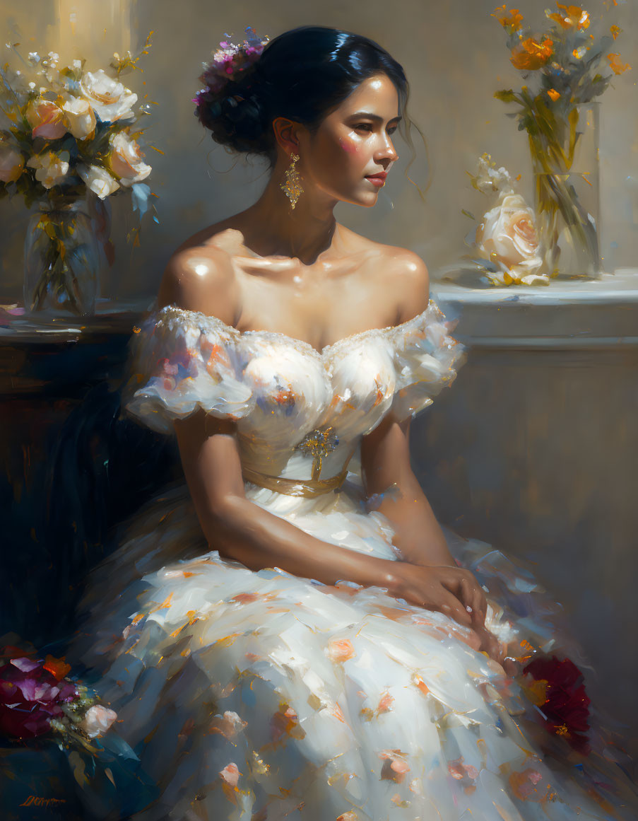 Woman in floral off-the-shoulder gown with flowers in hair, gazing aside in warm light