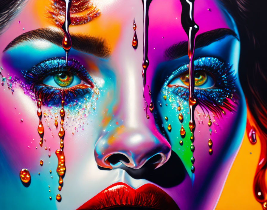 Vibrant makeup and dripping paint create surreal portrait