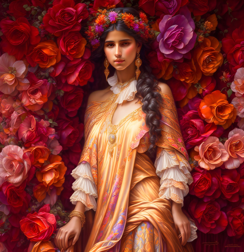 Woman with Floral Crown and Golden Gown Surrounded by Multicolored Roses