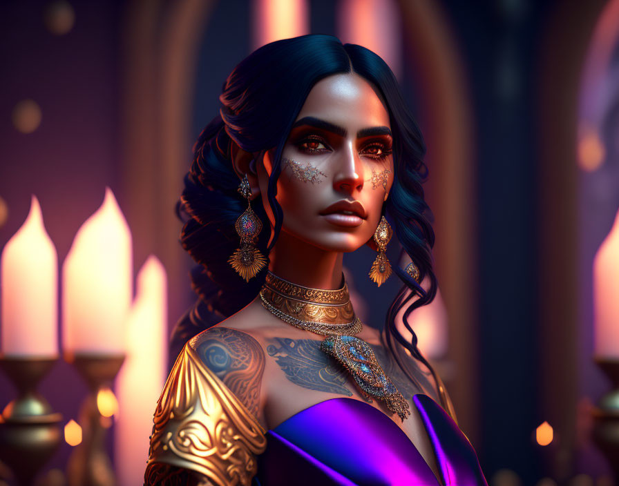 3D Rendered Image: Woman with Blue Hair, Golden Tattoos, Elaborate Jewelry in