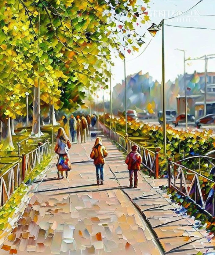 Vibrant autumn street scene with colorful leaves in impressionist style