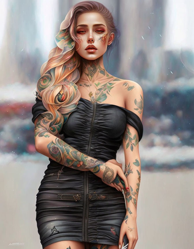 Illustrated female figure with intricate tattoos, black strapless dress, stylized hair, and blurry vertical