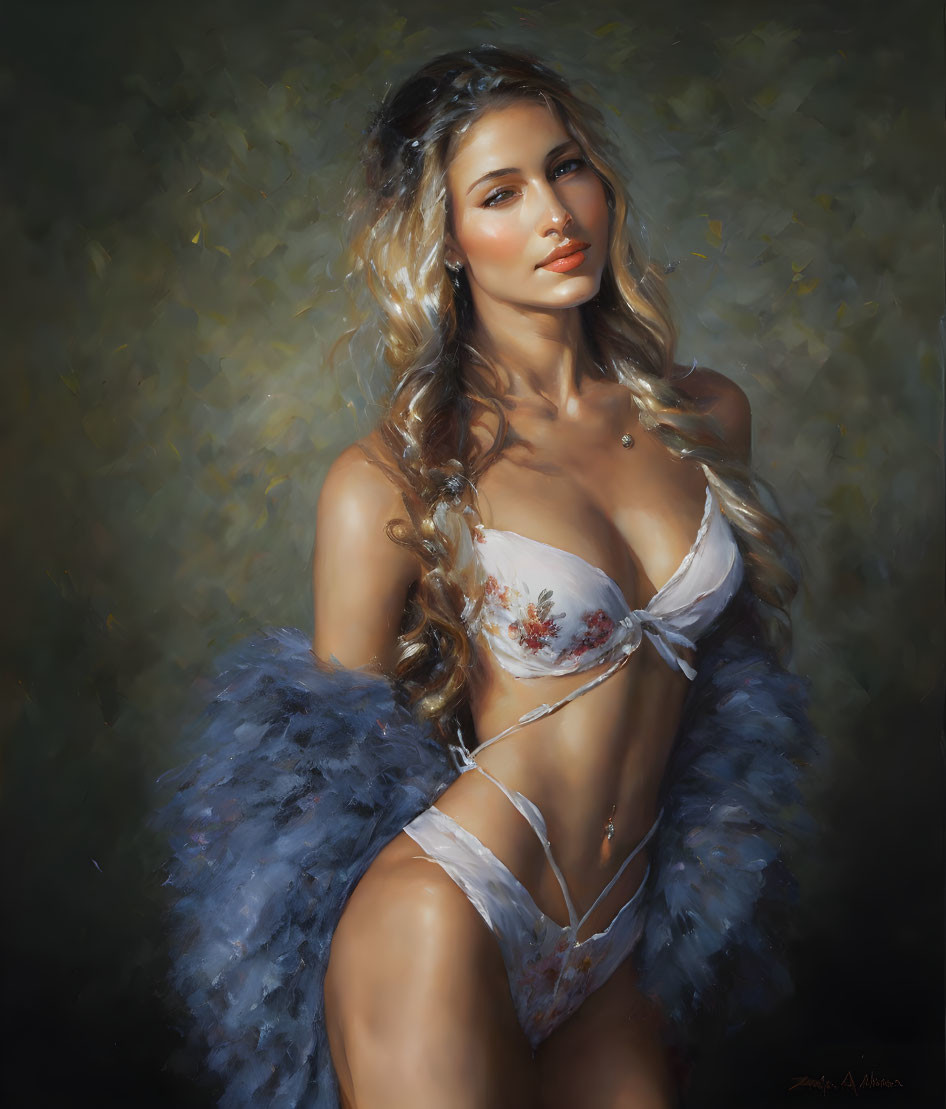 Portrait of Woman in White Lingerie with Blue Feather Accessory