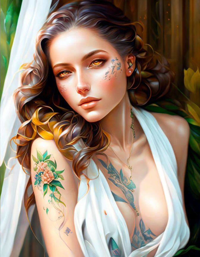 Digital painting of woman with detailed tattoos in white cloth, set in colorful nature backdrop