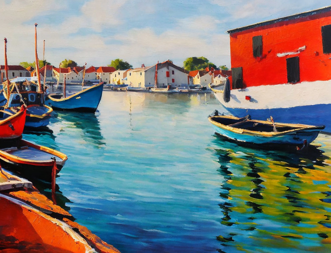 Vibrant painting of boats on calm water with red building and white houses.