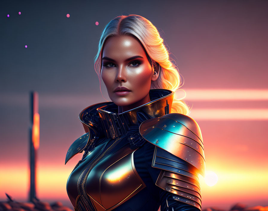 Futuristic female warrior with glowing white hair and blue-lit armor at sunset