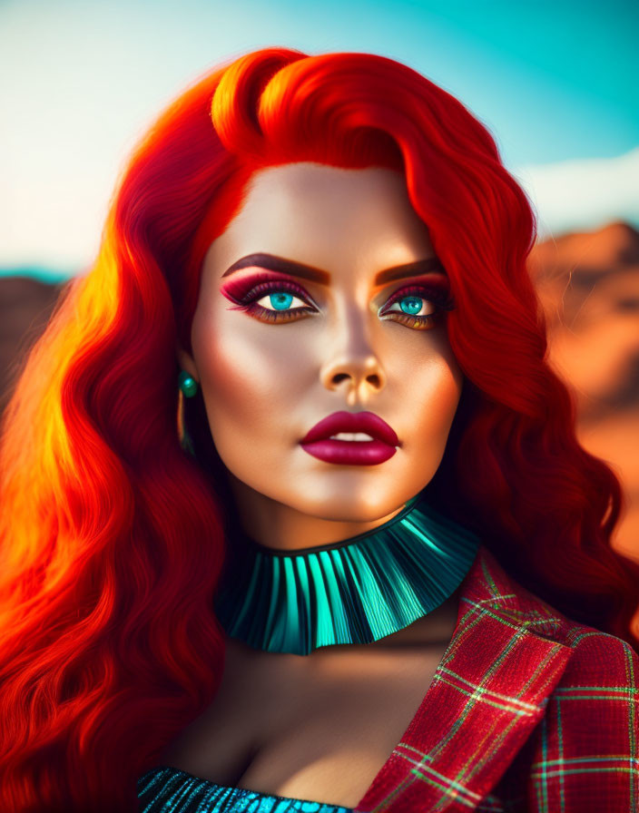 Vibrant red-haired woman with blue eyes in desert setting wearing plaid garment