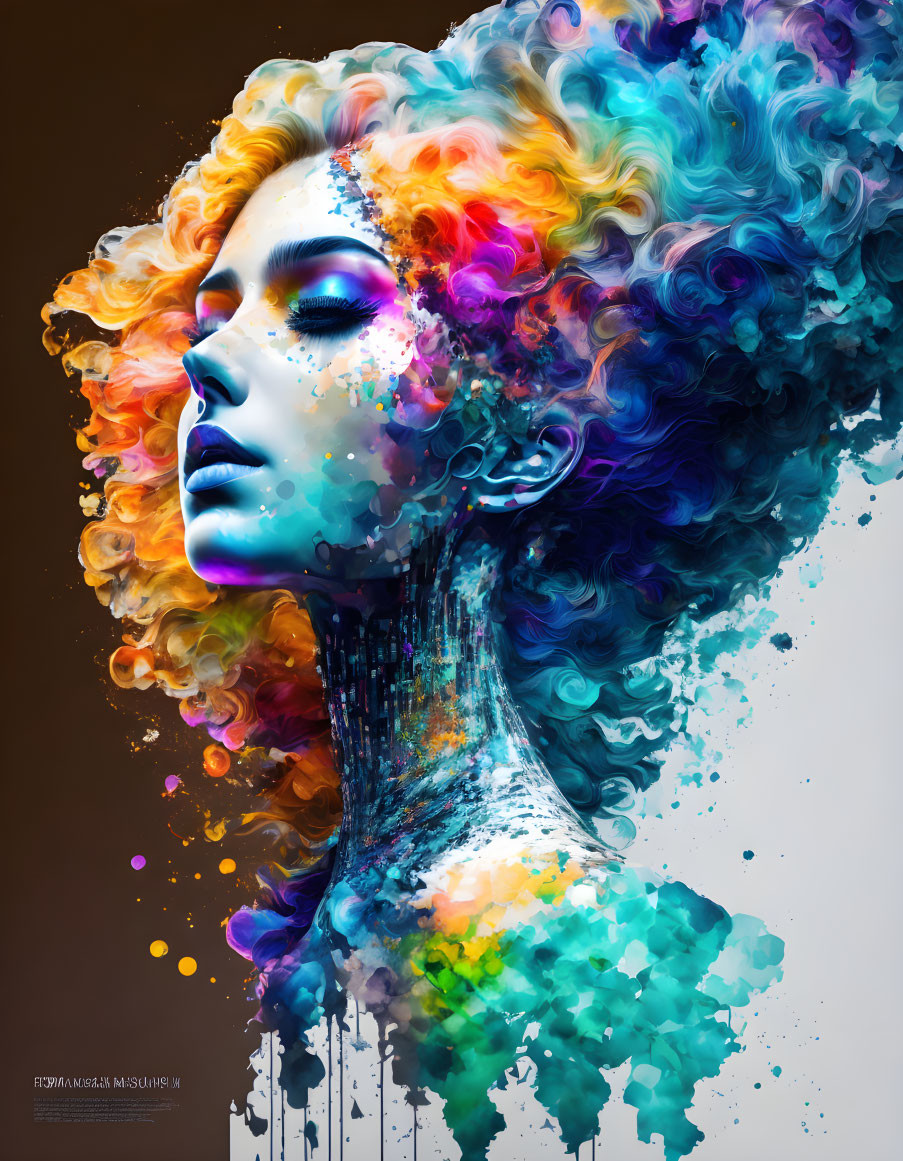 Colorful digital artwork: Woman with flowing multicolored hair and paint splashes in vibrant blues and