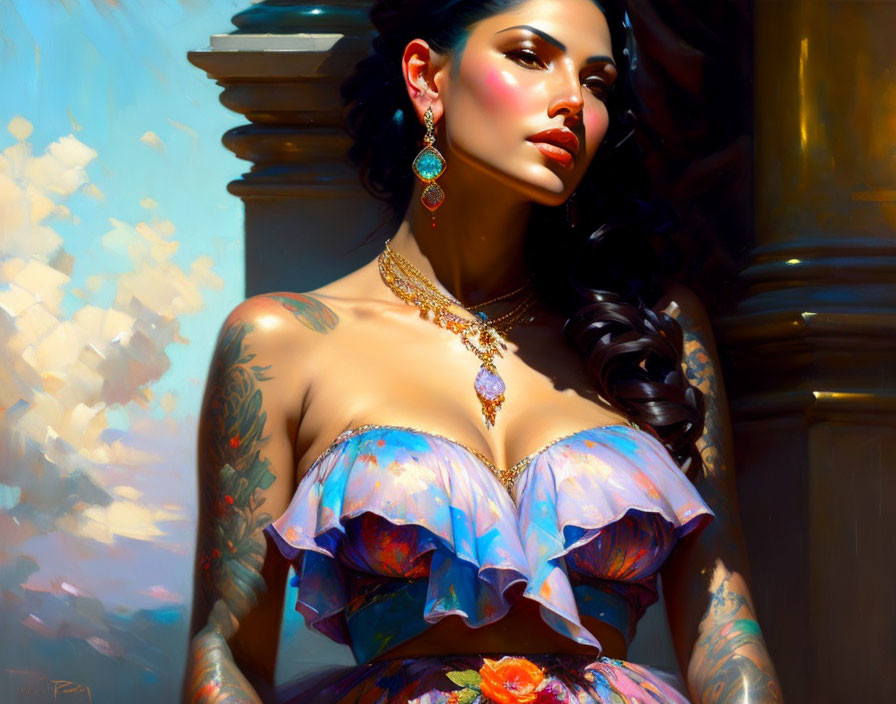 Portrait of woman with tattoos, elegant jewelry, floral dress, sunlit backdrop