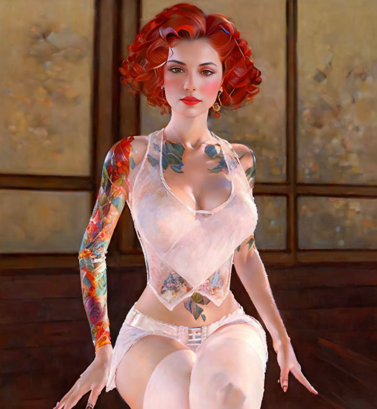 Digital artwork featuring woman with red hair, tattoos, in white top by classic painting