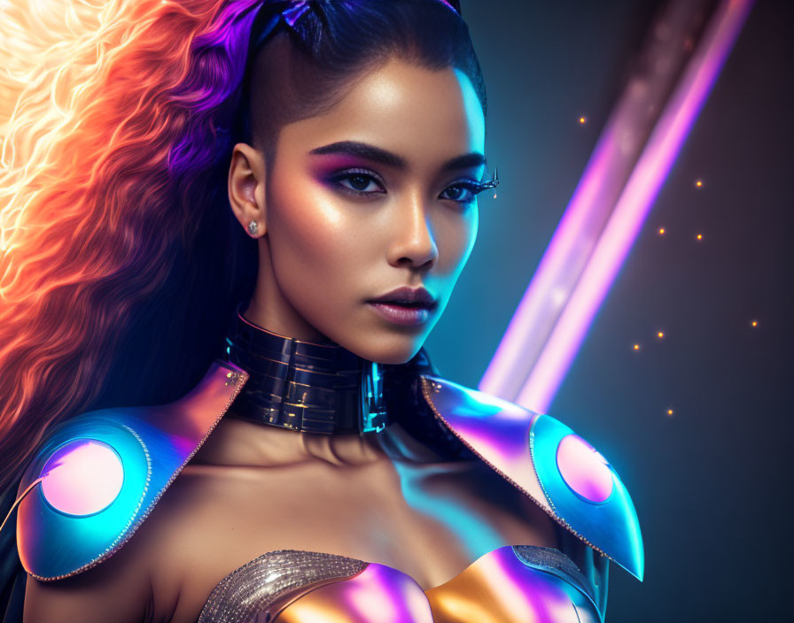 Futuristic woman in metallic armor with neon lights on dark background