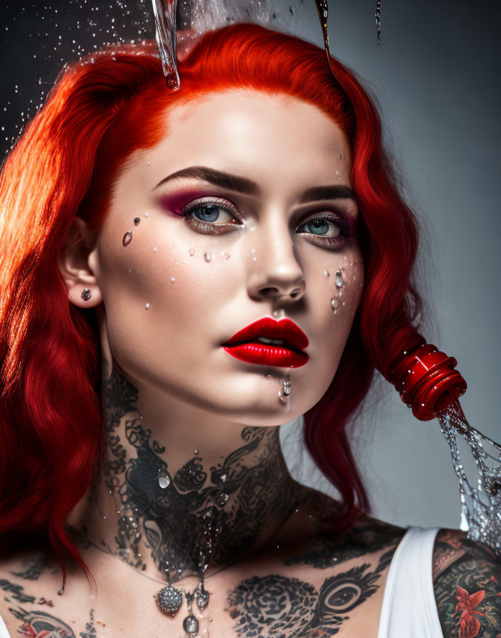 Vibrant red-haired woman with tattoos, bold makeup, and teardrop jewels