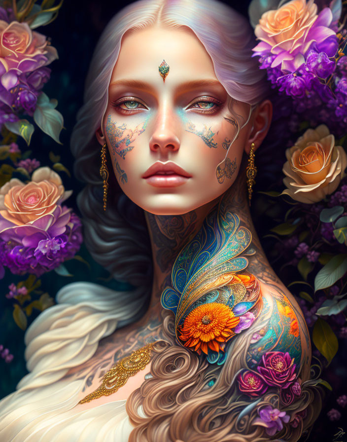 Illustration of woman with white hair, tattoos, jewelry & vibrant flowers