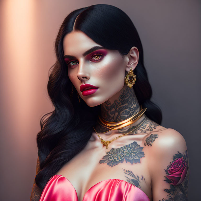 Digital portrait of a woman with striking makeup, tattoos, wavy black hair, and pink dress