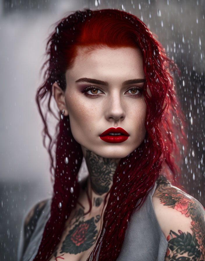 Red-haired woman with tattoos in rain displaying bold lipstick