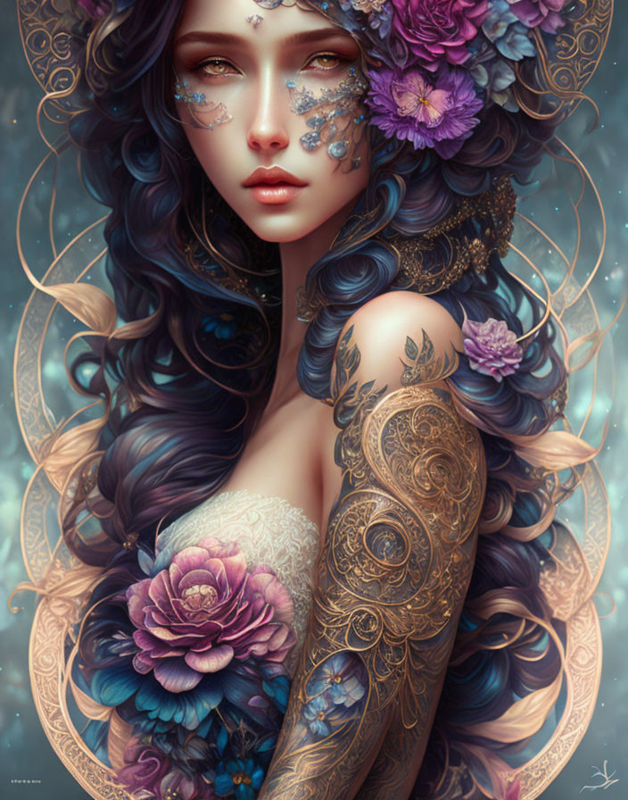 Detailed Illustration of Woman with Elaborate Tattoos and Floral Adornments