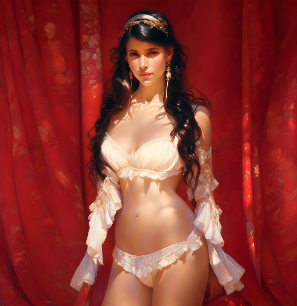 Dark-Haired Woman in Lingerie Poses Against Red Backdrop