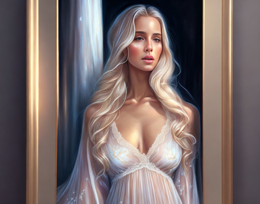 Ethereal woman with blonde hair in white gown under mystical lighting