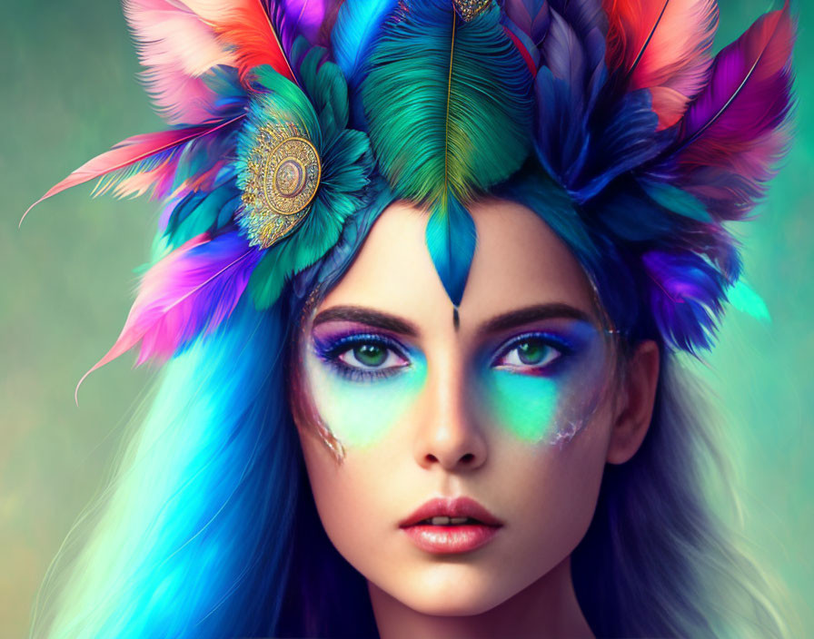 Colorful feather headdress complements vibrant makeup