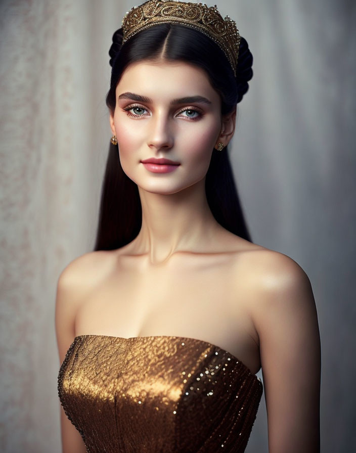 Elegant woman in gold dress and tiara with updo and blue eyes