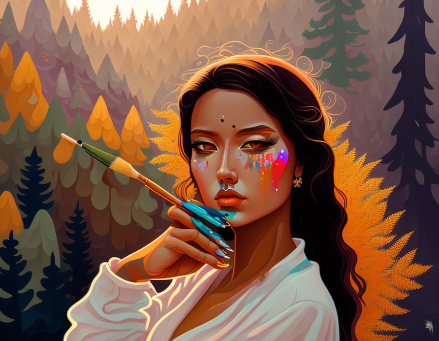 Woman with paintbrush in forest with vibrant colors on face