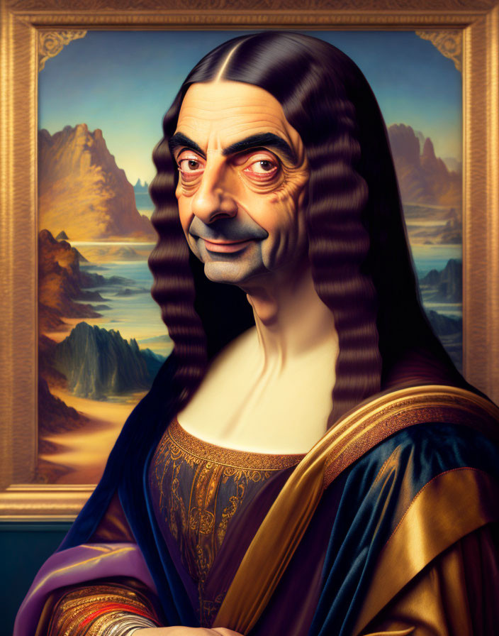 Caricatured Portrait Blending Mr. Bean with Mona Lisa in Classical Landscape