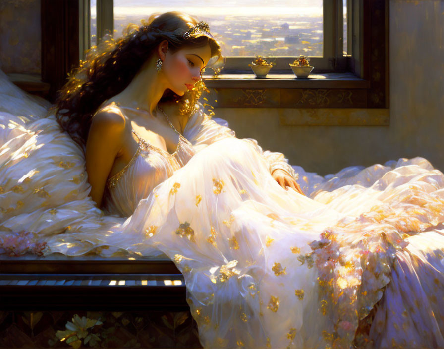 Elegant woman in embellished gown basks in warm sunlight