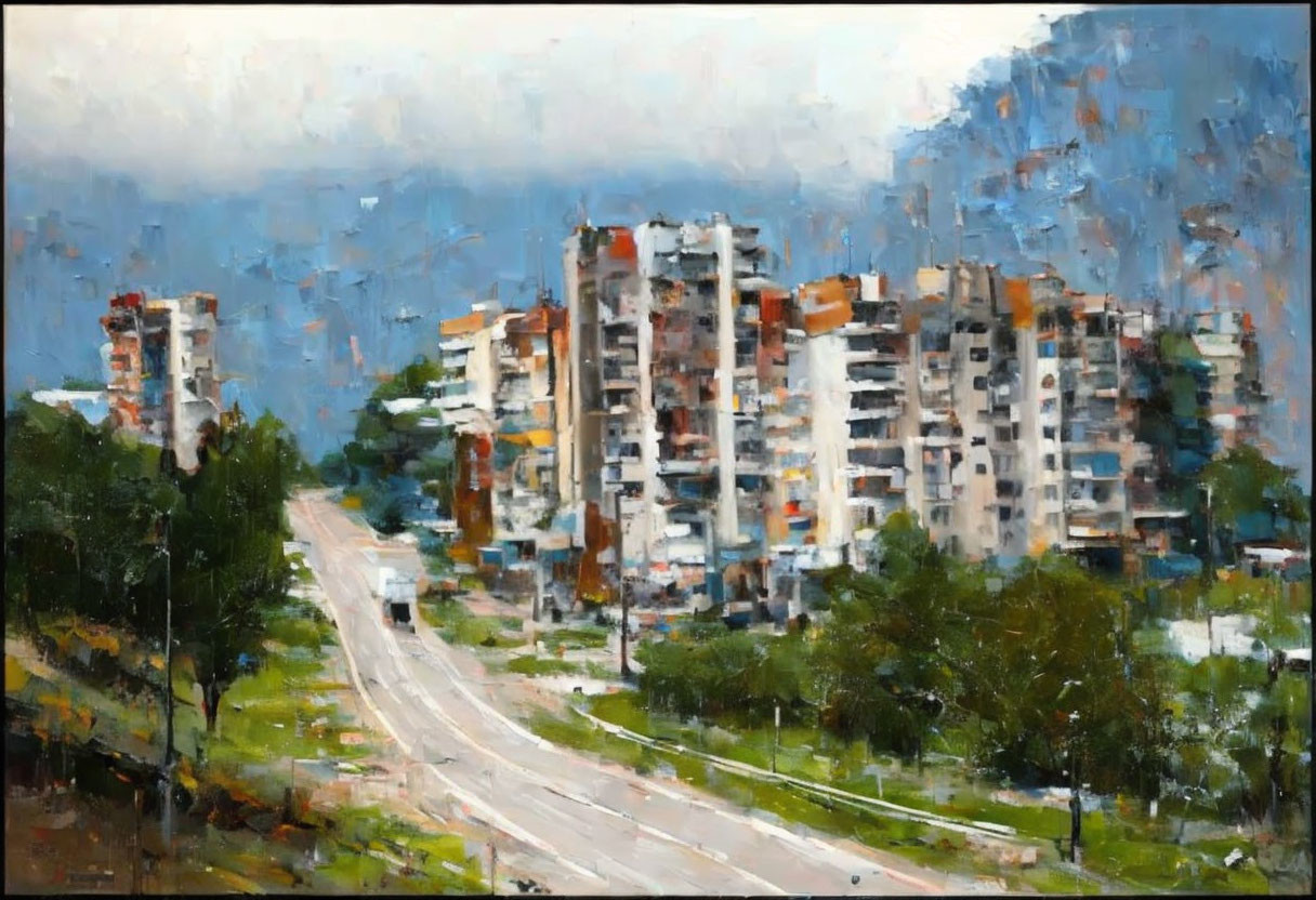 Impressionist painting: Street scene with apartment buildings under cloudy sky