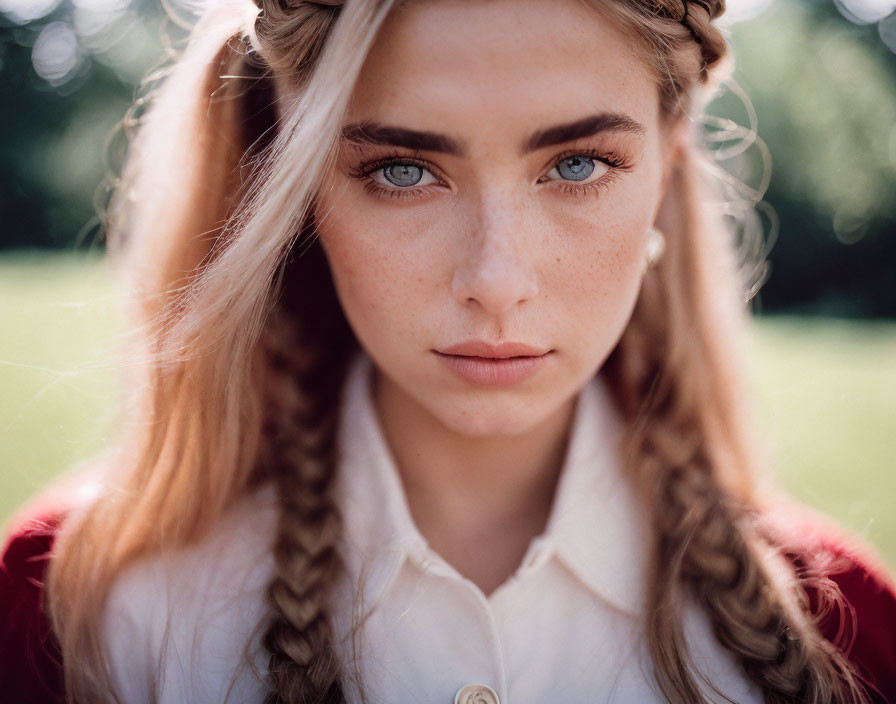 Portrait of young woman with braided hair and blue eyes against green background