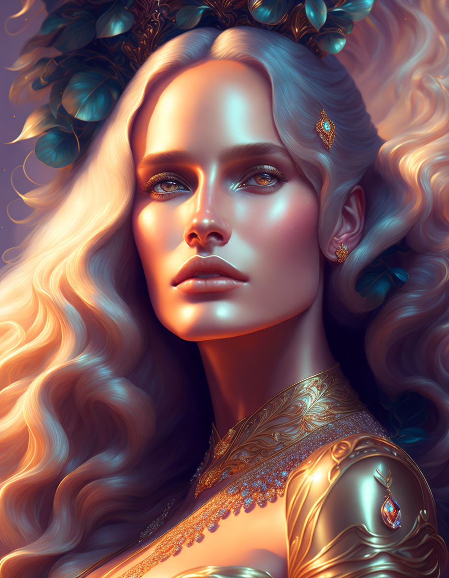 Digital artwork featuring woman with blonde hair, gold jewelry, leafy headpiece, blue eyes, serene